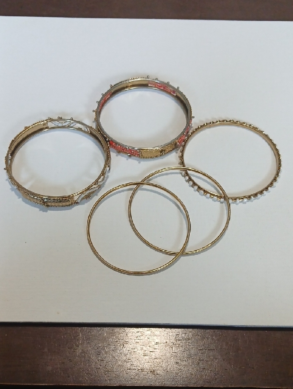 Boho Festival Gold-Tone Women's Bangle Bracelet Set with Coral & White Accents - Picture 13 of 16